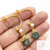 Natural Raw Emerald Earring, Pearl Earring, Gemstone Earrings, Handmade Raw Earring, Gold Plated Earring, Dainty Earring, Designer Earring